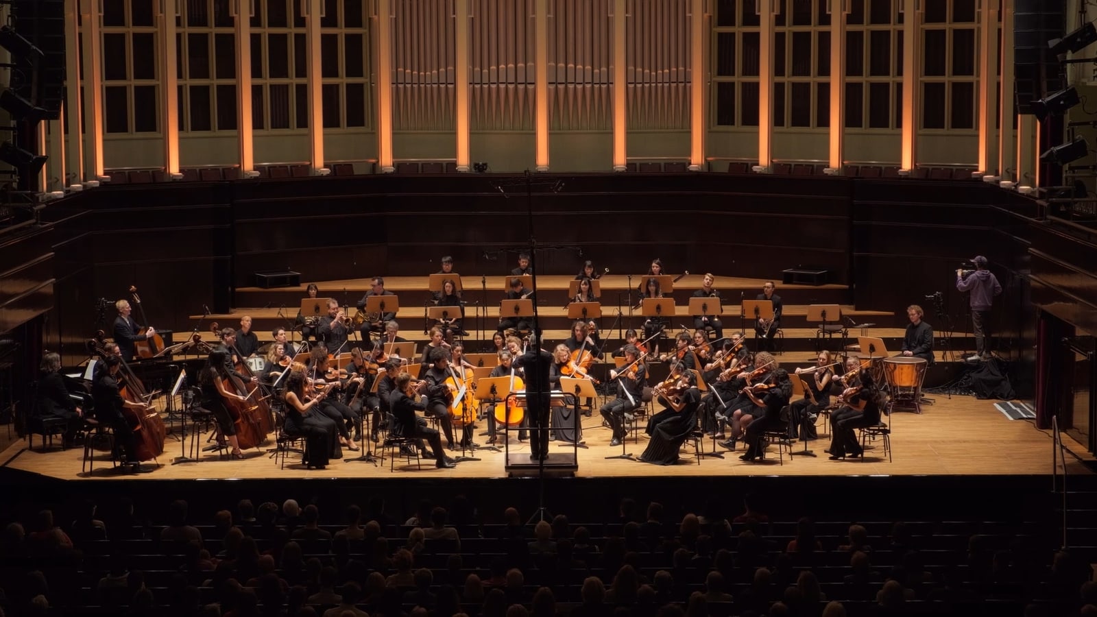 Wide concert hall view with orchestra during Beethoven Meets Jazz.
