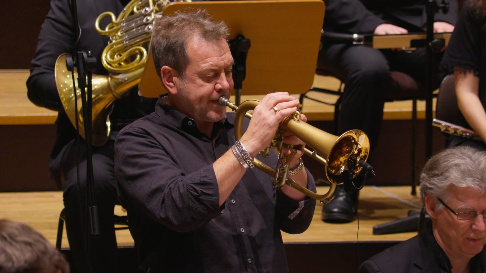 Trumpet player during a warm stage performance in Beethoven Meets Jazz.