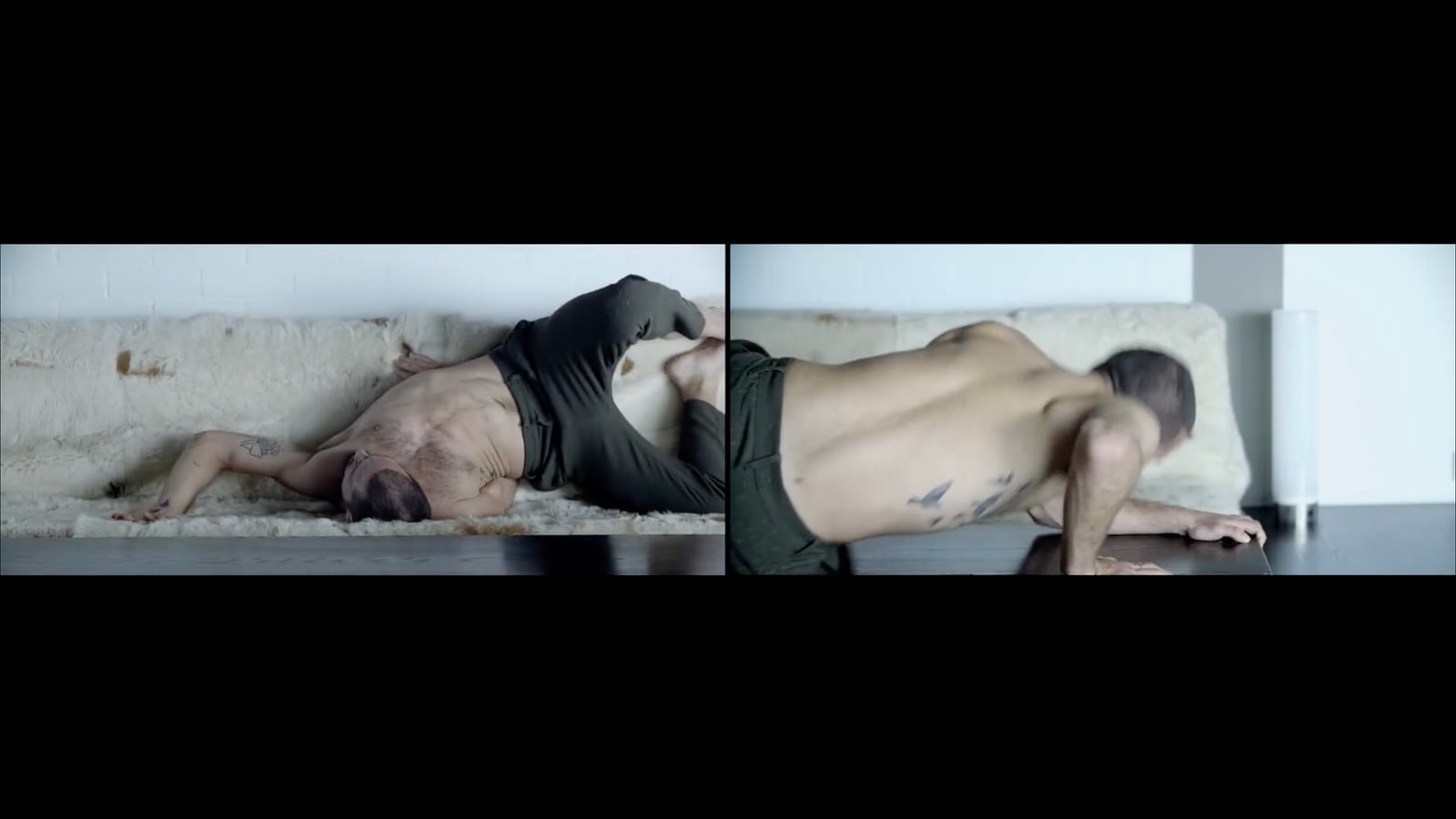 MARS Split-Screen-Frame mit Körperbewegung und räumlicher Komposition.