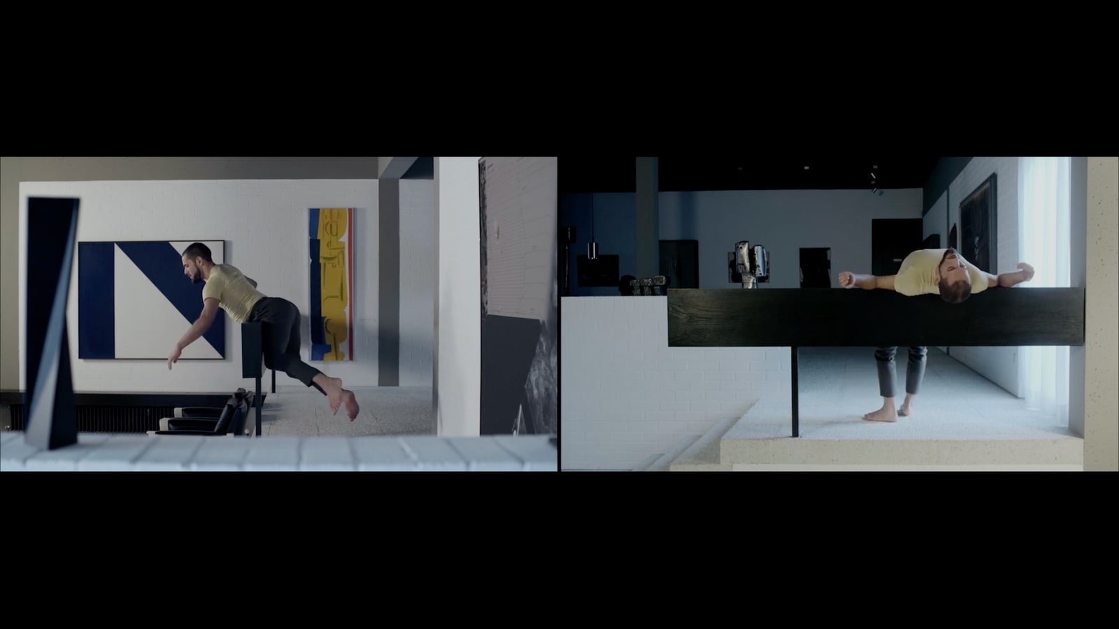 MARS räumlicher Split-Screen-Frame mit Bewegung und Ausstellungsarchitektur.